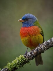 Obraz premium Painted Bunting perched on a lichen-covered branch.