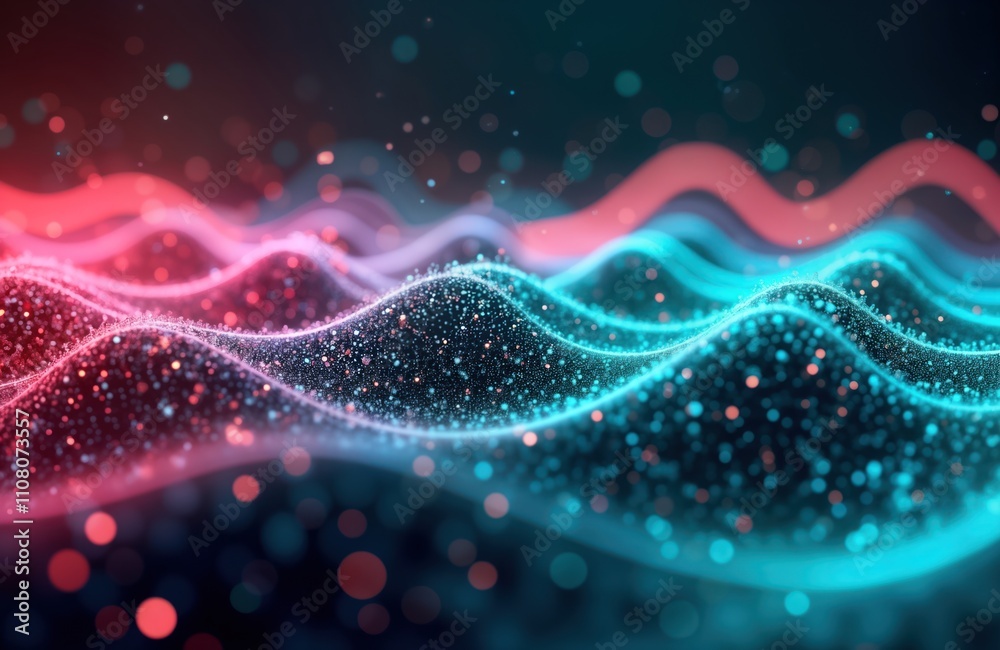 Poster Abstract futuristic background. Pink, blue glowing neon lines. Dynamic wave patterns with bokeh lights. Data transfer concept. High tech digital design. Moving high speed lines create stunning visual