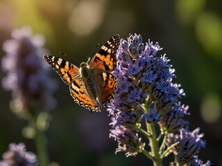 Painted Lady butterfly backlit on lavender flowers.
