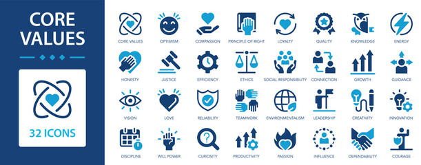Core value flat icon collection. Passion, innovative, accountability, diversity, exceptional, goal etc.
