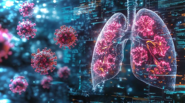 Lungs are illustrated with vivid detail showing viral particles amidst a digital backdrop - Powered by Adobe