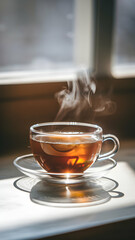 Steaming tea in a glass cup on wooden table under soft sunlight Vertical Mobile Wallpaper