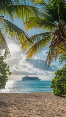 Tropical beach with palms, cruise ship floats serenely in sunlit ocean Vertical Mobile Wallpaper