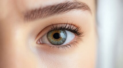 Beautiful green human eye with long eyelashes and perfectly shaped eyebrow in macro photography, showing intricate iris details and natural beauty makeup on smooth skin.