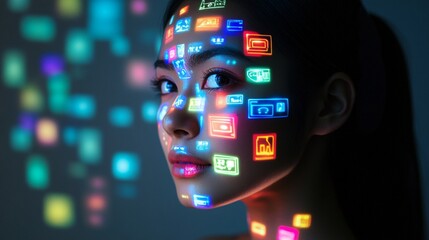 Futuristic digital interface projection on woman's face with colorful app icons and symbols glowing in dark, representing modern technology and virtual reality concept