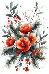 Obraz premium Watercolor Christmas Frame with Fir Branches and Red Flowers