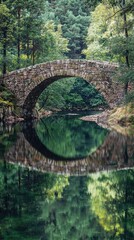 Ancient Stone Bridge Amidst Lush Green Forest and River Reflections, Old stone bridge over a quiet river with reflections of the surrounding forest, hd wallpaper, nature, iPhone wallpaper, backgrounds