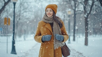 Fototapeta premium Layered Winter Outfit on a Woman Walking Through Snow Winter Fashion & Accessories ,Winter seasson, Happy New Year, Happy christmass