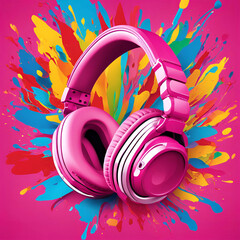 Auriculares de color rosa sobre fondo colorido