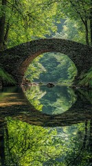 Ancient Stone Bridge Amidst Lush Green Forest and River Reflections, Rustic Stone Bridge Surrounded by Vibrant Green Forest Reflection, hd wallpaper, nature, iPhone wallpaper, smartphone wallpaper
