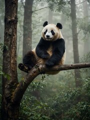 Obraz premium Panda sitting on a tree branch in a misty forest.