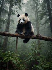 Obraz premium Panda sitting on a tree branch in a misty forest.