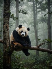 Obraz premium Panda sitting on a tree branch in a misty forest.