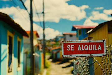 Fototapeta premium A clean close-up of a red and white se alquila sign affixed to a fence in a colorful neighborhood with bright houses and a blue sky