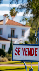 Obraz premium A sharp close-up view of a se vende sign in front of a beautiful house surrounded by greenery and palm trees under a bright blue sky