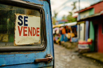 A sharp detailed close-up of a se vende sign on a colorful building, highlighting the vibrant local atmosphere and potential for real estate opportunity