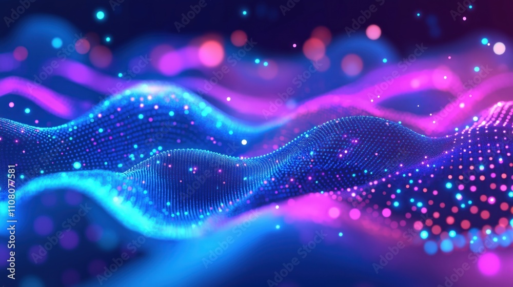 Aufkleber Abstract digital waves. Colorful vibrant dots create wavy patterns. Dynamic tech illustration. Neural networks big data analysis. Complex information visual representation. Modern colorful design. AI