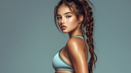 Naklejka premium Portrait of a young athletic woman with glowing bronzed skin and braided dark hair wearing mint sports bra against teal background, showcasing natural beauty and fitness lifestyle.