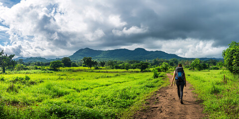 A solo backpacker walks along a scenic trail surrounded by lush green fields and mountains under a dramatic sky