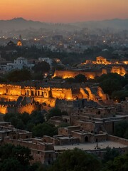 Obraz premium Panoramic view of an ancient city at dawn.