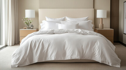 Obraz premium Luxurious hotel-grade bed linens in elegant bedroom design for interior decor inspiration