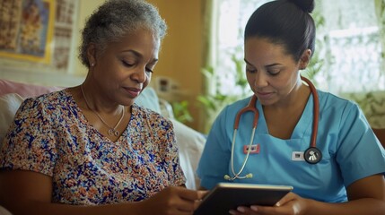 Healthcare professional in blue scrubs consulting with senior patient at home, reviewing medical information on digital tablet during home care visit consultation.