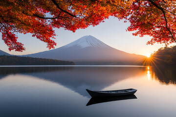 Mount Fuji in autumn, framed by vibrant red maple leaves, showcasing the breathtaking beauty of...