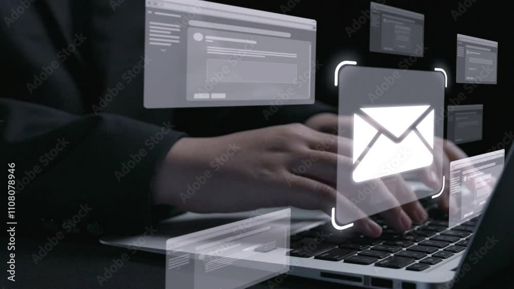 Poster business person checking email inbox, organizing and prioritizing messages for better productivity. 