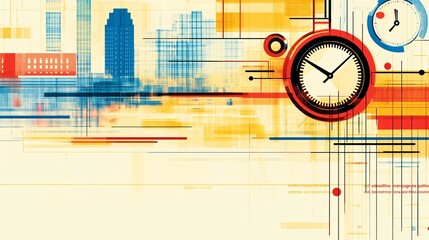Naklejka premium Abstract cityscape with clocks and geometric patterns in vibrant red, blue, and yellow tones, time management concept