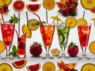 colorful shiny cocktail straws on white background with fruit drinks confetti on straw day celebration