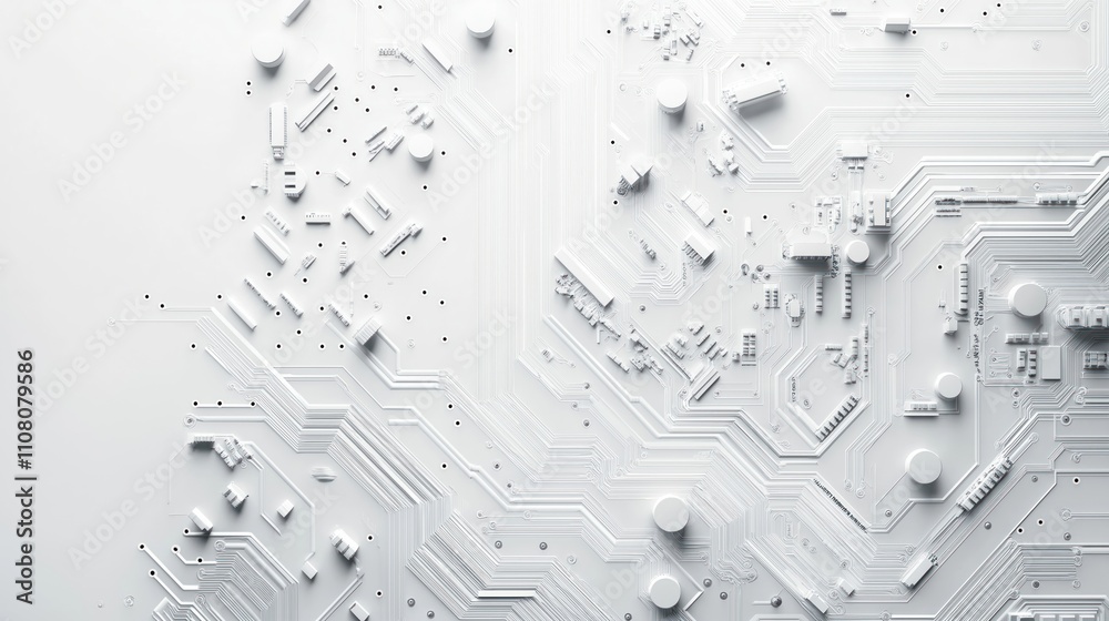 Aufkleber Abstract tech illustration shows detailed white circuit board. Complex intricate patterns, components. Modern design perfect for tech background. Suitable for presentations, digital projects. High