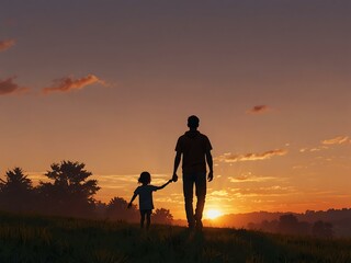 Parent and child at sunset, AI-generated.