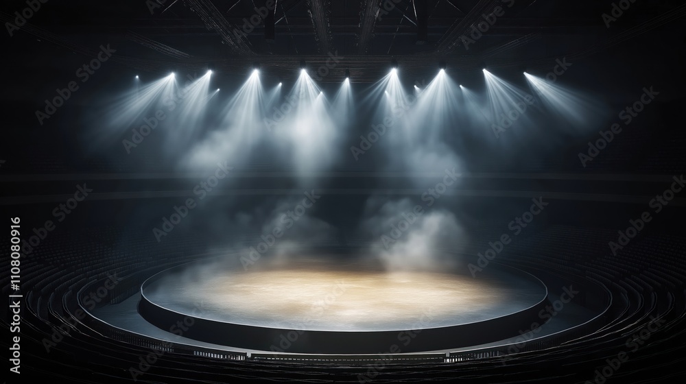 Poster Empty stage arena with spotlights, smoke. Dark lighting effects create dramatic atmosphere. Concert venue theater empty awaiting event. Modern digital rendering of large auditorium with seating area.
