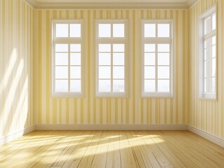 Fototapeta premium Bright and Airy Interior of a Modern Room with Yellow Striped Wallpaper and Large Windows Allowing Abundant Natural Light to Illuminate the Space