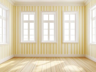 Fototapeta premium Bright and Airy Room Interior with Yellow Striped Walls and Large Windows Allowing Natural Light to Fill the Space for a Cheerful Atmosphere