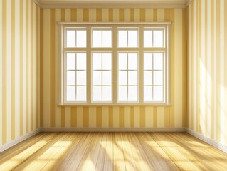 Fototapeta premium Bright and Cheerful Empty Room with Yellow Striped Walls and Large Windows Allowing Natural Light to Flood the Space, Perfect for Interior Design Inspiration