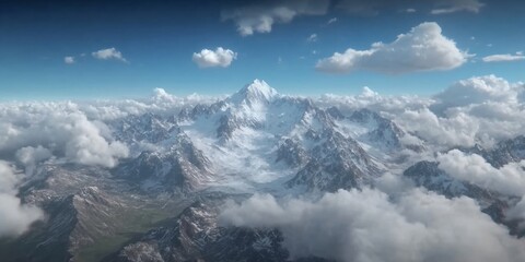 Obraz premium Majestic snow-capped mountain peaks rising above clouds. Aerial view of rugged alpine landscape. Breathtaking nature scenery for adventure, travel, and environmental themes.