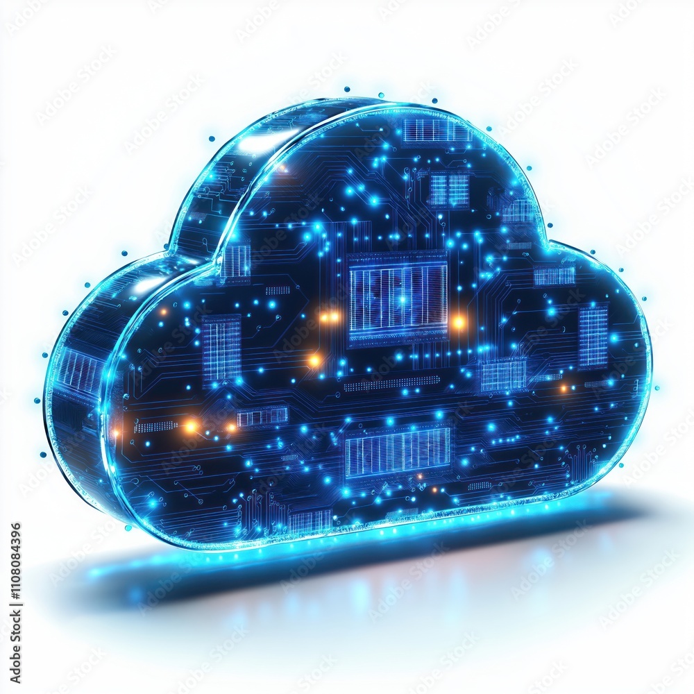 Aufkleber Futuristic cloud symbol represents data storage. Glowing circuits, tech elements. Modern tech illustration. Cloud computing concept. Digital data storage. Network system. Cyber security. Innovative