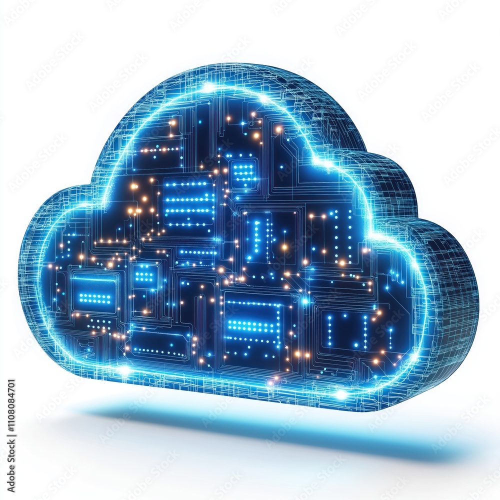Aufkleber Futuristic tech cloud symbol glows. Data storage tech concept. Circuit board pattern. Digital illustration. Cloud computing. Modern tech. Data processing. Innovative design. Bright colours. Isolated