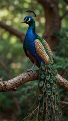 Obraz premium Peacock perched on a branch.