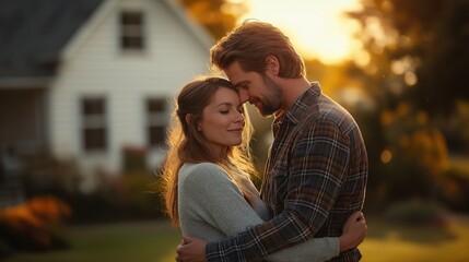 Fototapeta premium Romantic couple embracing in serene suburban setting at sunset