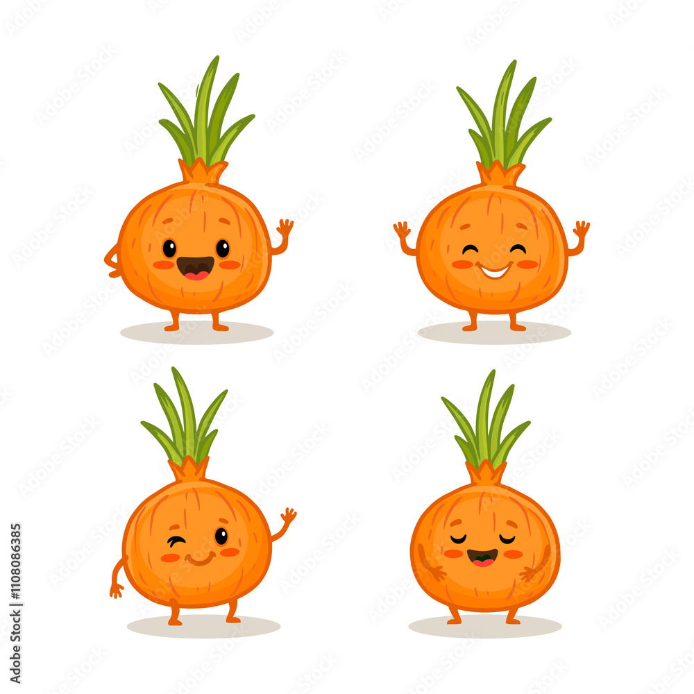 Wall mural  set of Cute cartoon onion characters with emotions. Cute onion with smile isolated on white background. Onion in different poses. 