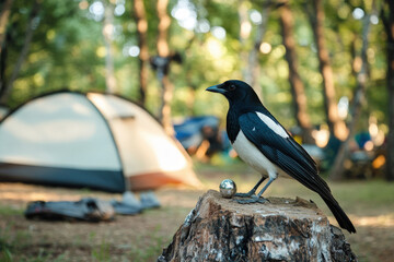 Fototapeta premium Magpie Perched on Stump in Campground