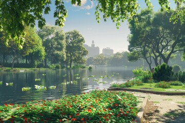 Fototapeta premium Nice city park by the lake