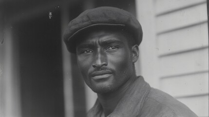 Vintage portrait of an African American man in a cap. Historical black and white photograph. Serious expression. Close-up view. Cultural heritage image for education, history projects