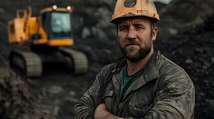 Fototapeta premium Coal mining worker operating a rotary machine, showcasing the hard work and industrial machinery used in coal extraction, highlighting the demanding nature of mining operations