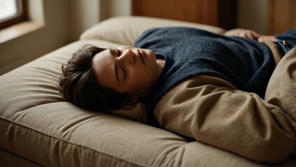 Person lying relaxed on a sofa.