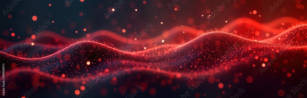 Poster dynamic abstract glowing red particles form flowing patterns on dark gradient background. futuristic