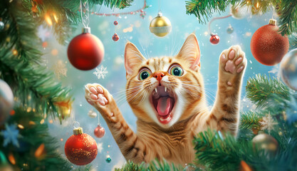 Excited ginger cat surrounded by festive decorations
