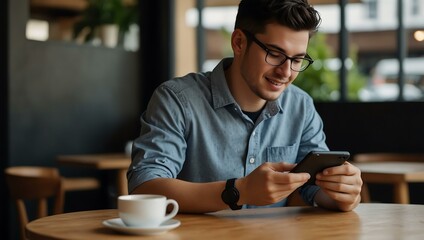 Fototapeta premium Person using a gadget in a cafe.